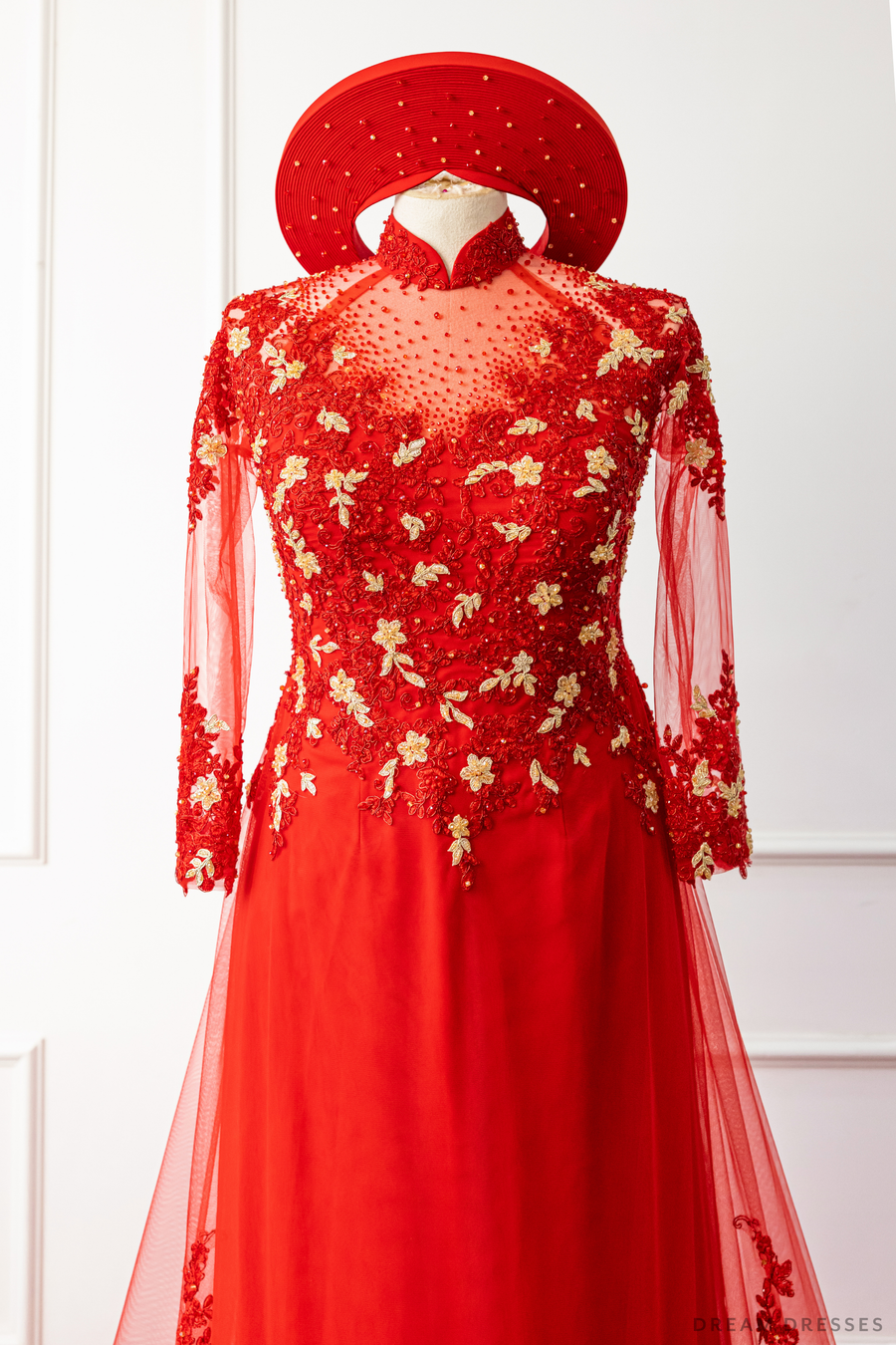 Red Bridal Ao Dai with Red and Gold Lace | Vietnamese Bridal Dress (#AMEE) - Dream Dresses by P.M.N.