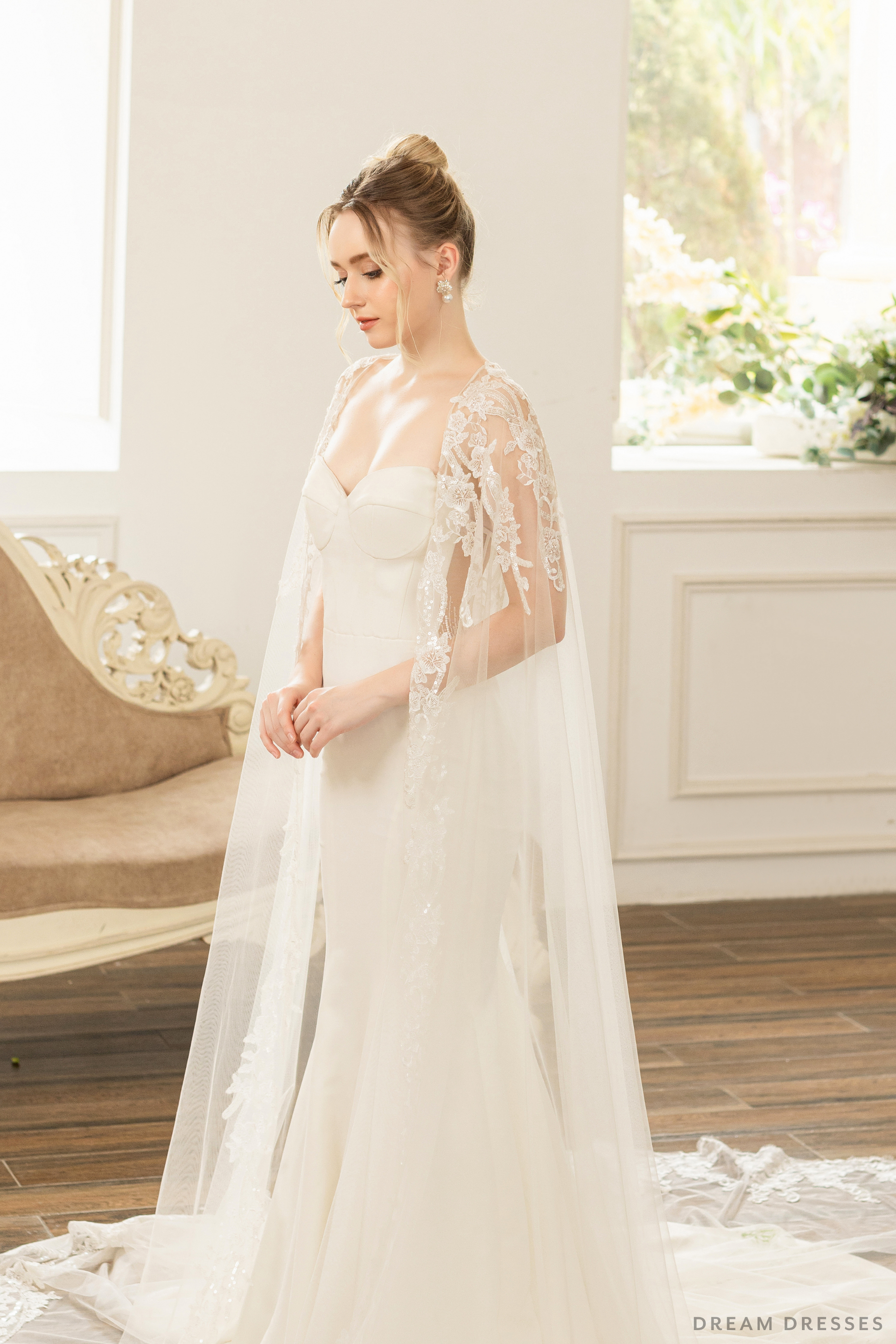 Bridal Cape with Floral Lace (#AXELLE) - Dream Dresses by P.M.N.