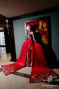 Red A-line Wedding Dress with Colorful Floral Embroidery (#YUYAN)