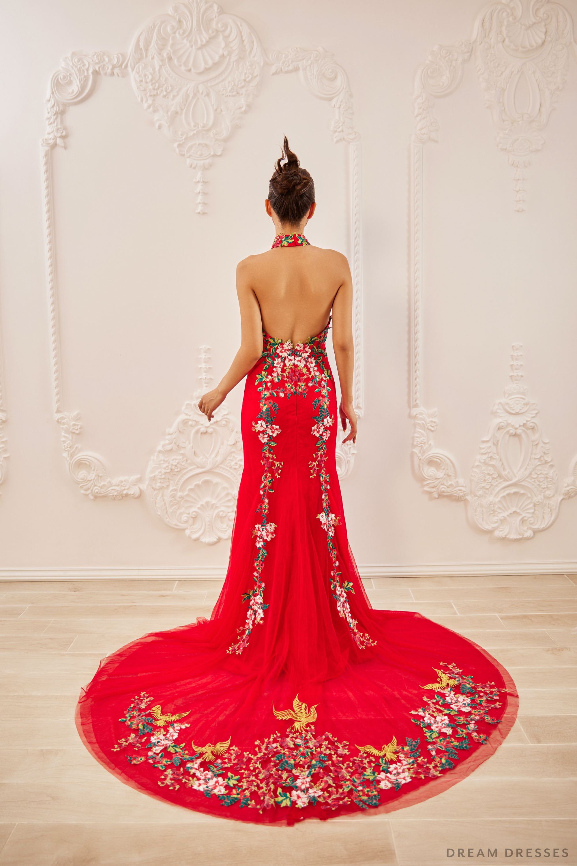 Red Wedding Dress with Couture Lace Bridal Cheongsam & Pearls Red Wedding Dress with Couture Lace Bridal Cheongsam & Pearls