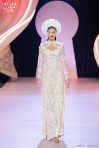White Bridal Ao Dai | Modern Vietnamese Bridal Dress with French Lace (#VALERIA)