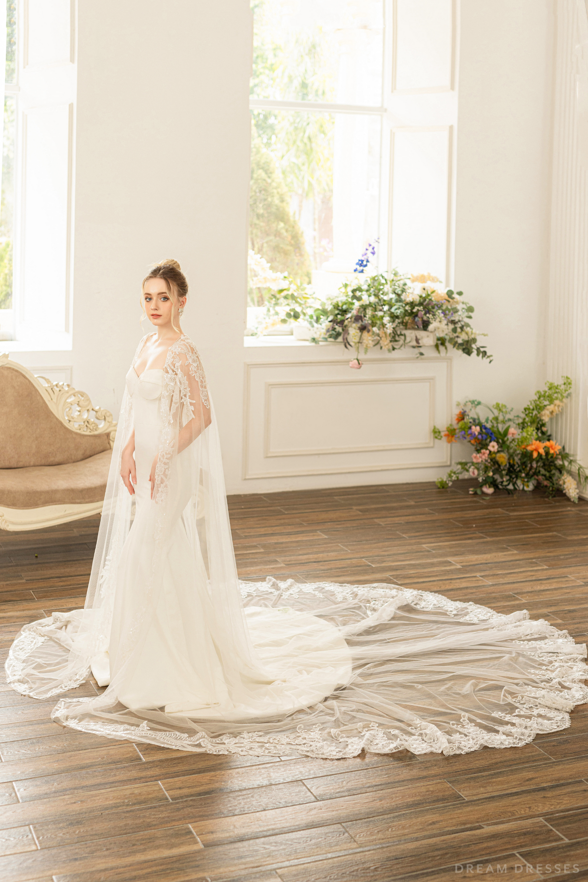 Bridal Cape with Floral Lace (#AXELLE) - Dream Dresses by P.M.N.