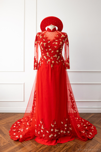 Red Bridal Ao Dai with Red and Gold Lace | Vietnamese Bridal Dress (#AMEE) - Dream Dresses by P.M.N.