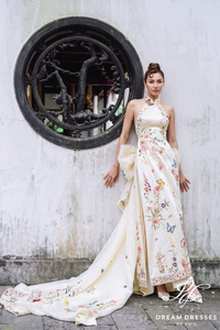 Cream Ivory Ao Dai with Bow Cape (#VAN) - Dream Dresses by P.M.N.