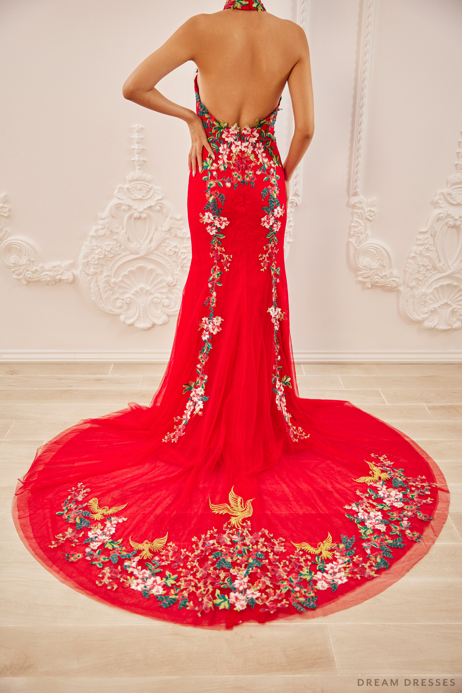 Red Bridal Cheongsam | Modern Cheongsam with Floral Lace (#CHOU) - Dream Dresses by P.M.N.