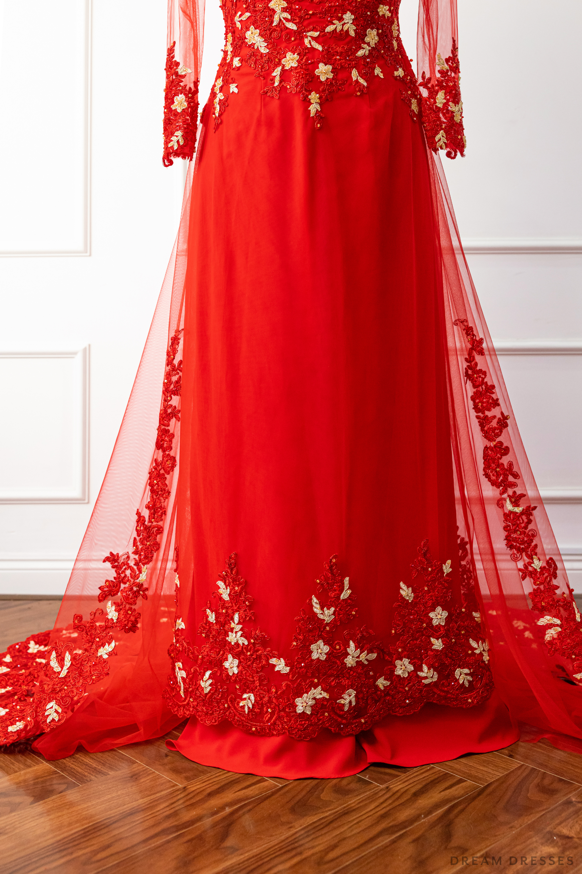 DreamDress By PMN Amee Ao Dai Inspired Red Wedding Dress Gown Illusion Neck Back Gold Accents Embroidery Couture Lace Chapel Red Pants | Size: 24 DreamDress By PMN Amee Ao Dai Inspired Red Wedding Dress Gown Illusion Neck Back Gold Accents Embroidery Couture Lace Chapel Red Pants | Size: 24