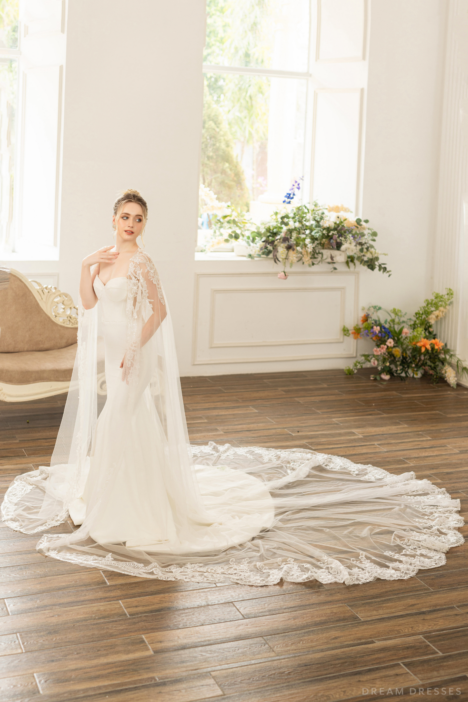 Bridal Cape with Floral Lace (#AXELLE) - Dream Dresses by P.M.N.