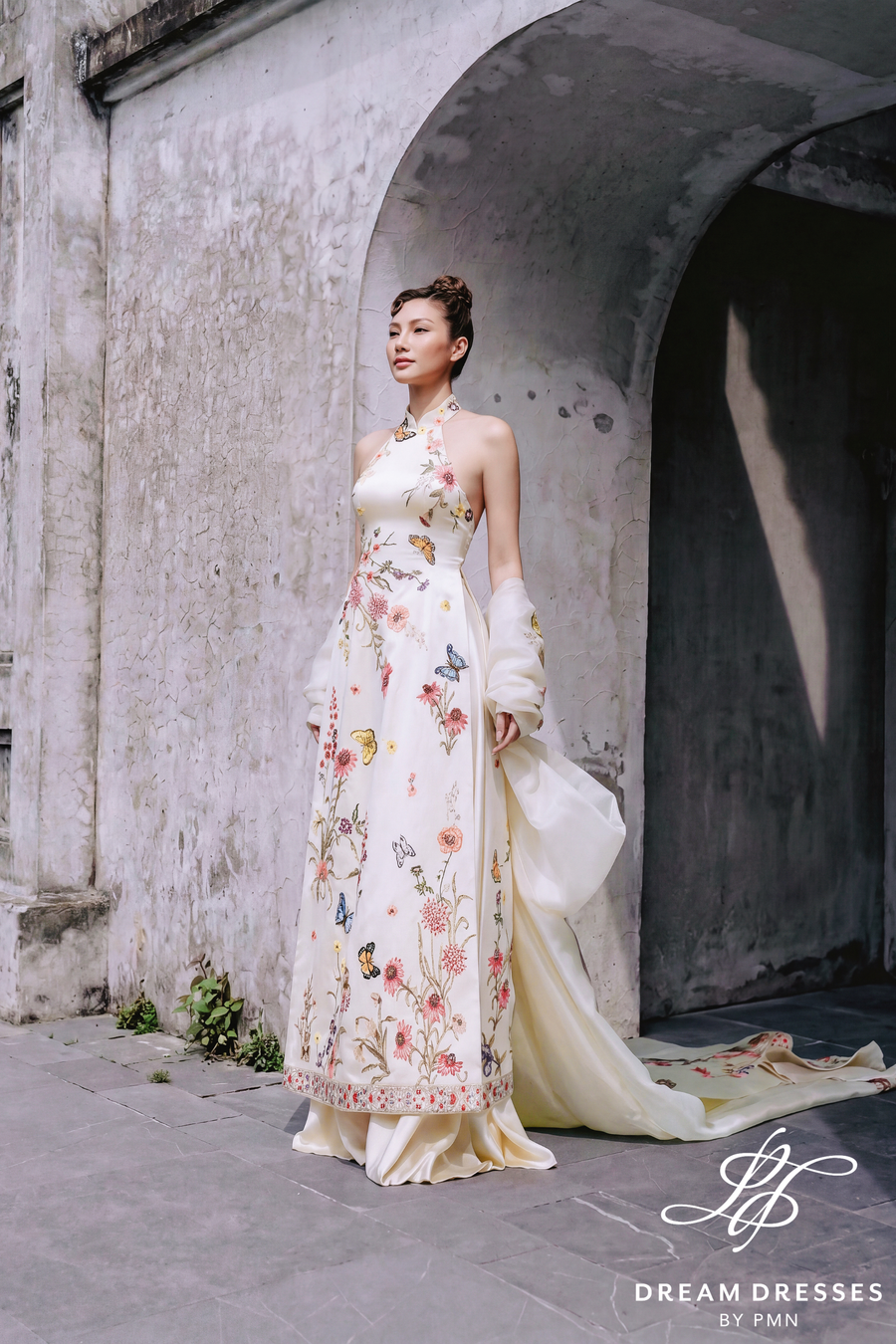 Cream Ivory Ao Dai with Bow Cape (#VAN) - Dream Dresses by P.M.N.
