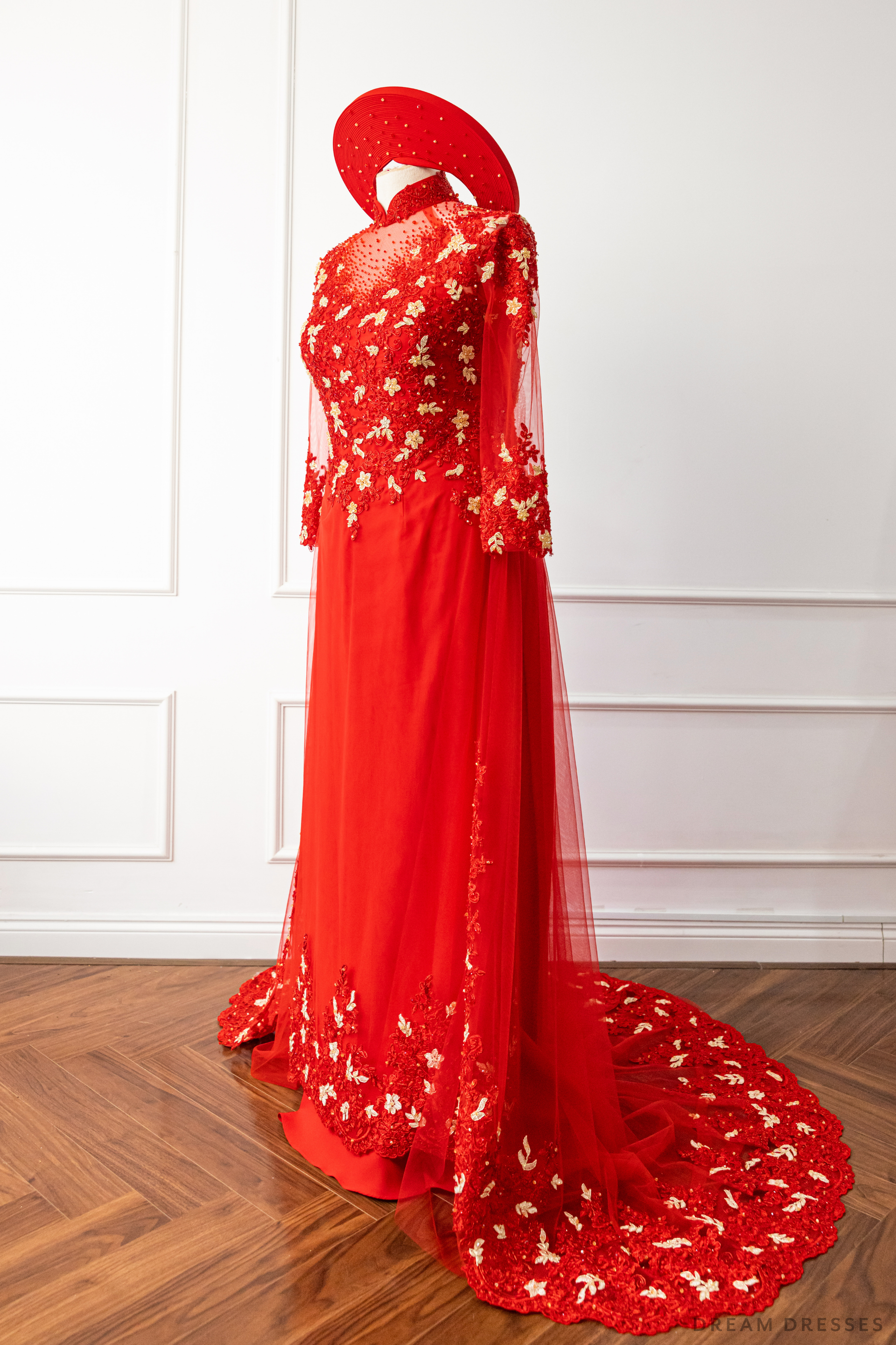Red Bridal Ao Dai with Red and Gold Lace | Vietnamese Bridal Dress (#AMEE) - Dream Dresses by P.M.N.