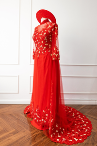 Red Bridal Ao Dai with Red and Gold Lace | Vietnamese Bridal Dress (#AMEE) - Dream Dresses by P.M.N.