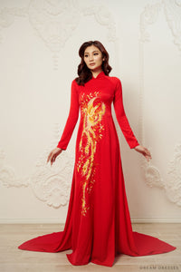 Red Bridal Ao Dai | Vietnamese Traditional Bridal Dress with Phoenix Embroidery (#PING) - Dream Dresses by P.M.N.