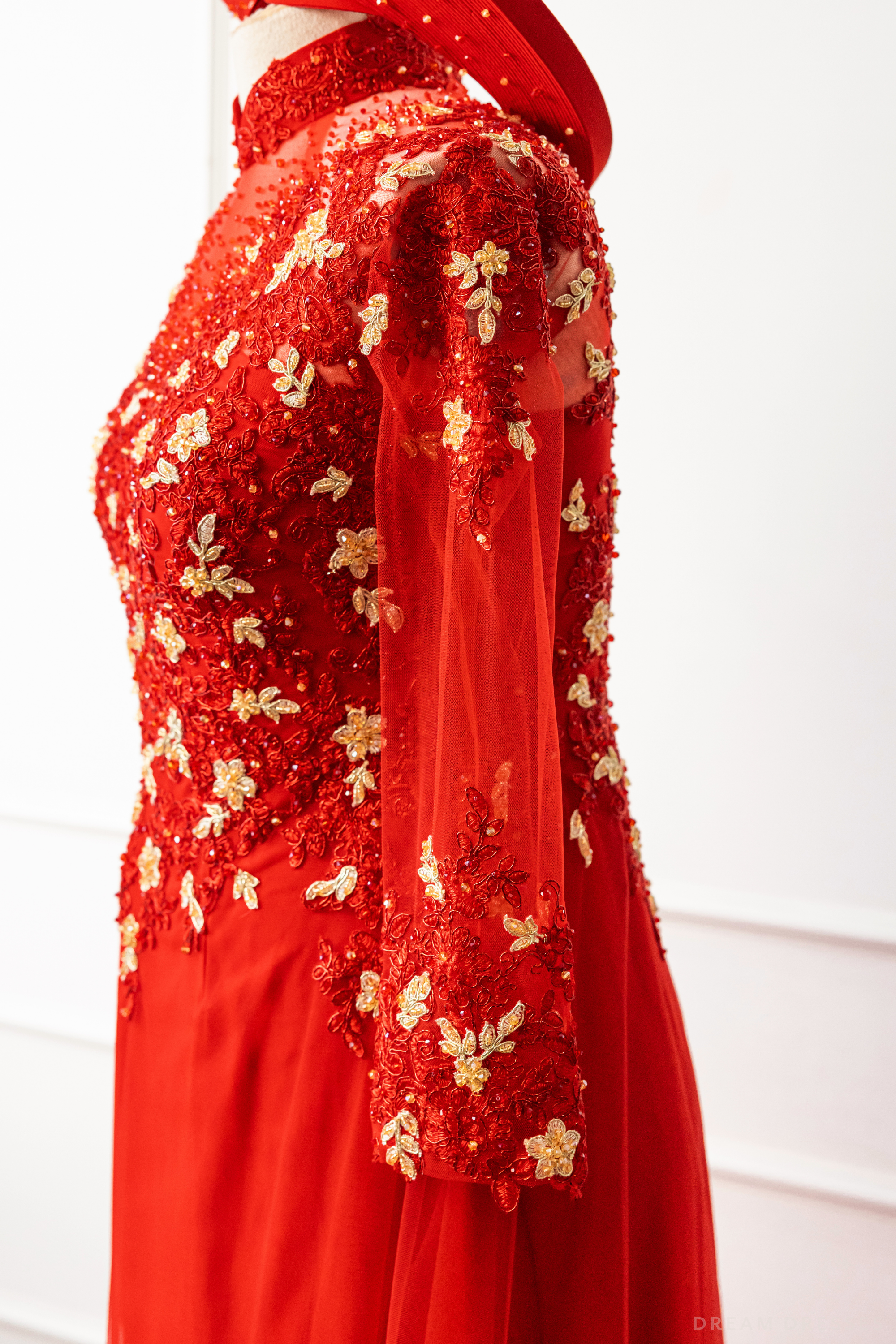 DreamDress By PMN Amee Ao Dai Inspired Red Wedding Dress Gown Illusion Neck Back Gold Accents Embroidery Couture Lace Chapel Red Pants DreamDress By PMN Amee Ao Dai Inspired Red Wedding Dress Gown Illusion Neck Back Gold Accents Embroidery Couture Lace Chapel Red Pants