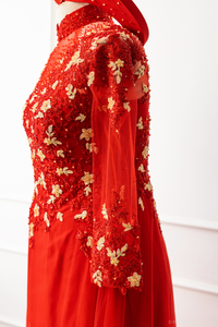 Red Bridal Ao Dai with Red and Gold Lace | Vietnamese Bridal Dress (#AMEE) - Dream Dresses by P.M.N.