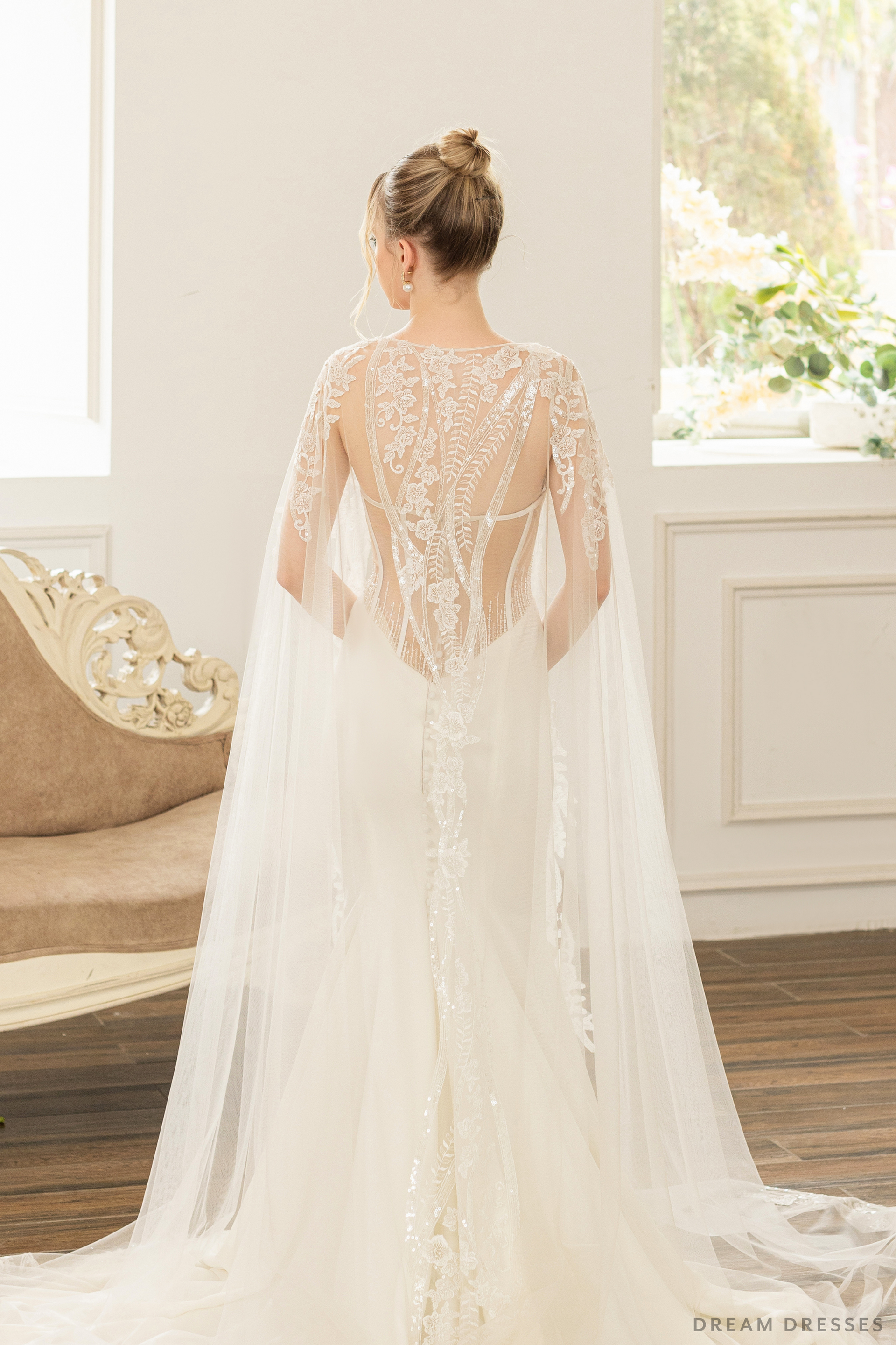 Bridal Cape with Floral Lace (#AXELLE) - Dream Dresses by P.M.N.