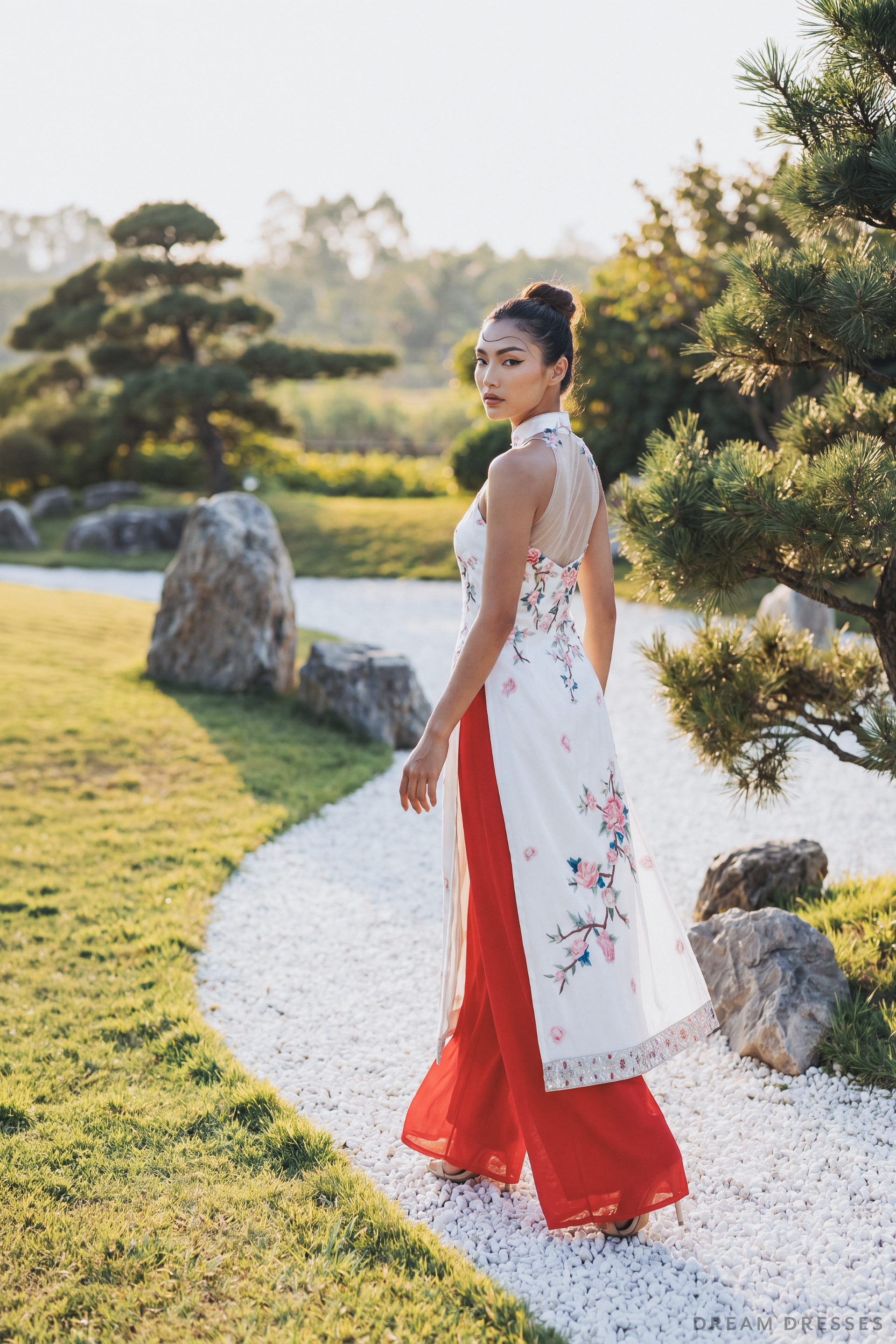 Cheongsam-Inspired Ao Dai | Ivory Silk Ao Dai with Embroidery (#YUE) - Dream Dresses by P.M.N.