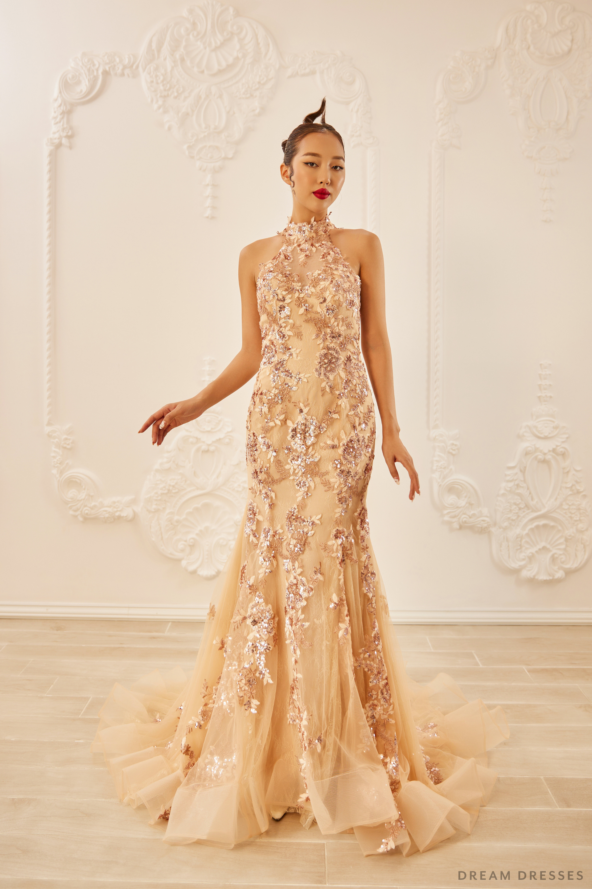Champagne Bridal Cheongsam | Couture Lace Modern Cheongsam (#JENA) - Dream Dresses by P.M.N.