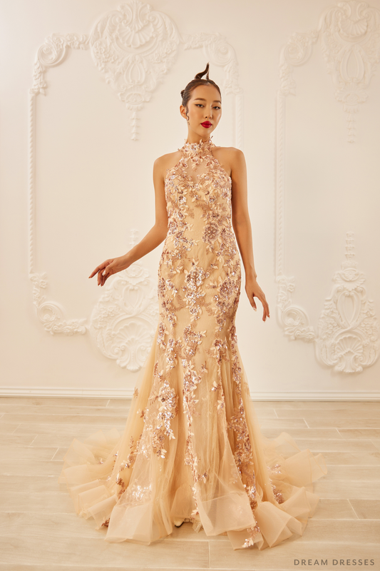 Champagne Bridal Cheongsam | Couture Lace Modern Cheongsam (#JENA) - Dream Dresses by P.M.N.