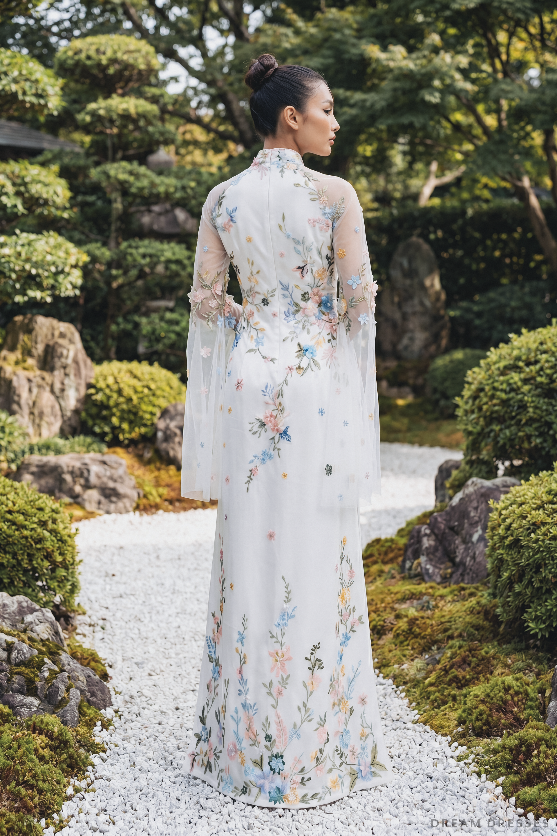 White Bridal Ao Dai with Colorful Embroidery (#XUAN) - Dream Dresses by P.M.N.