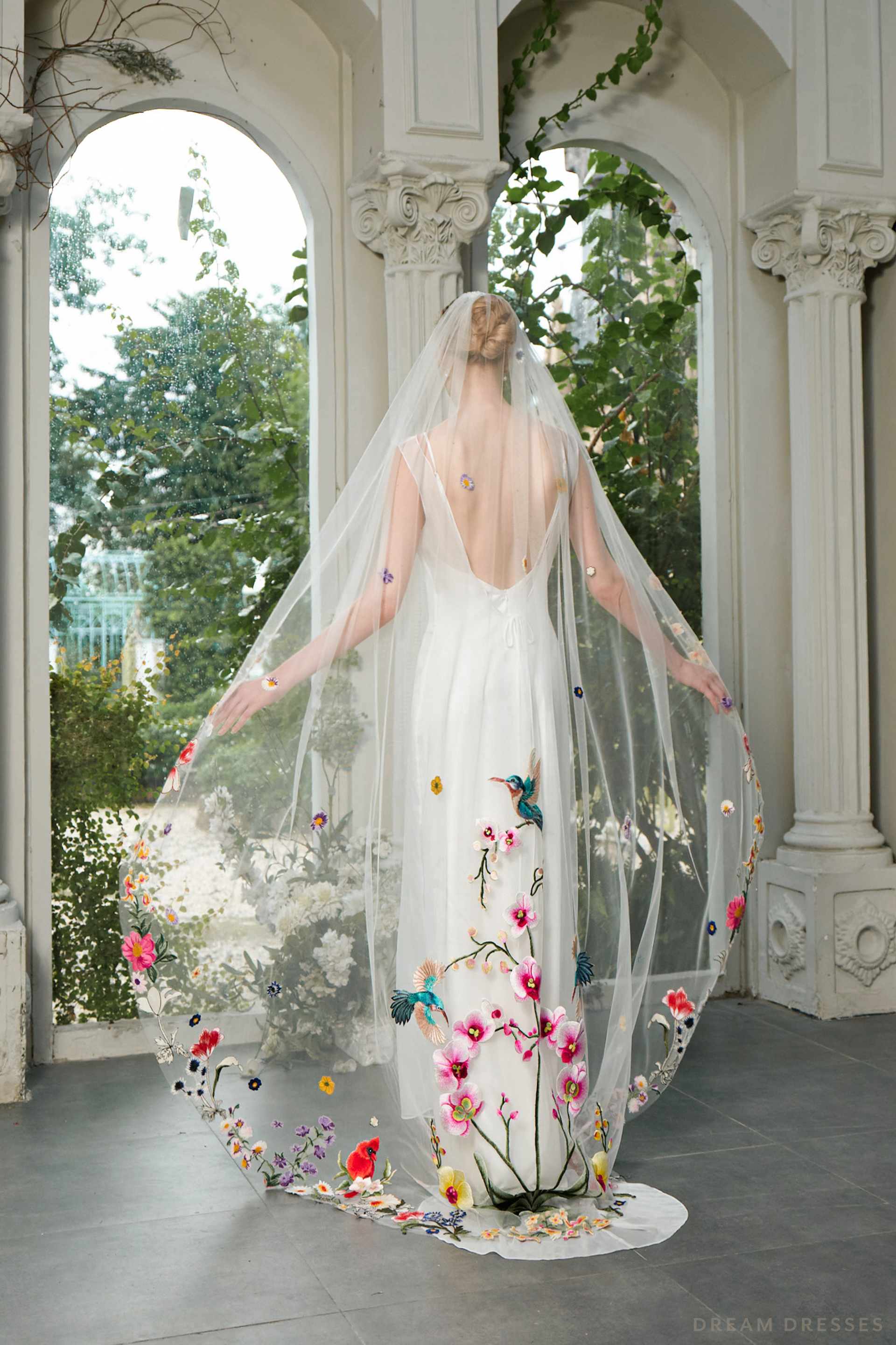 DreamDress By PMN Silvana Single Layer Wedding Veil Floral & Hummingbird Embroidery Light Ivory