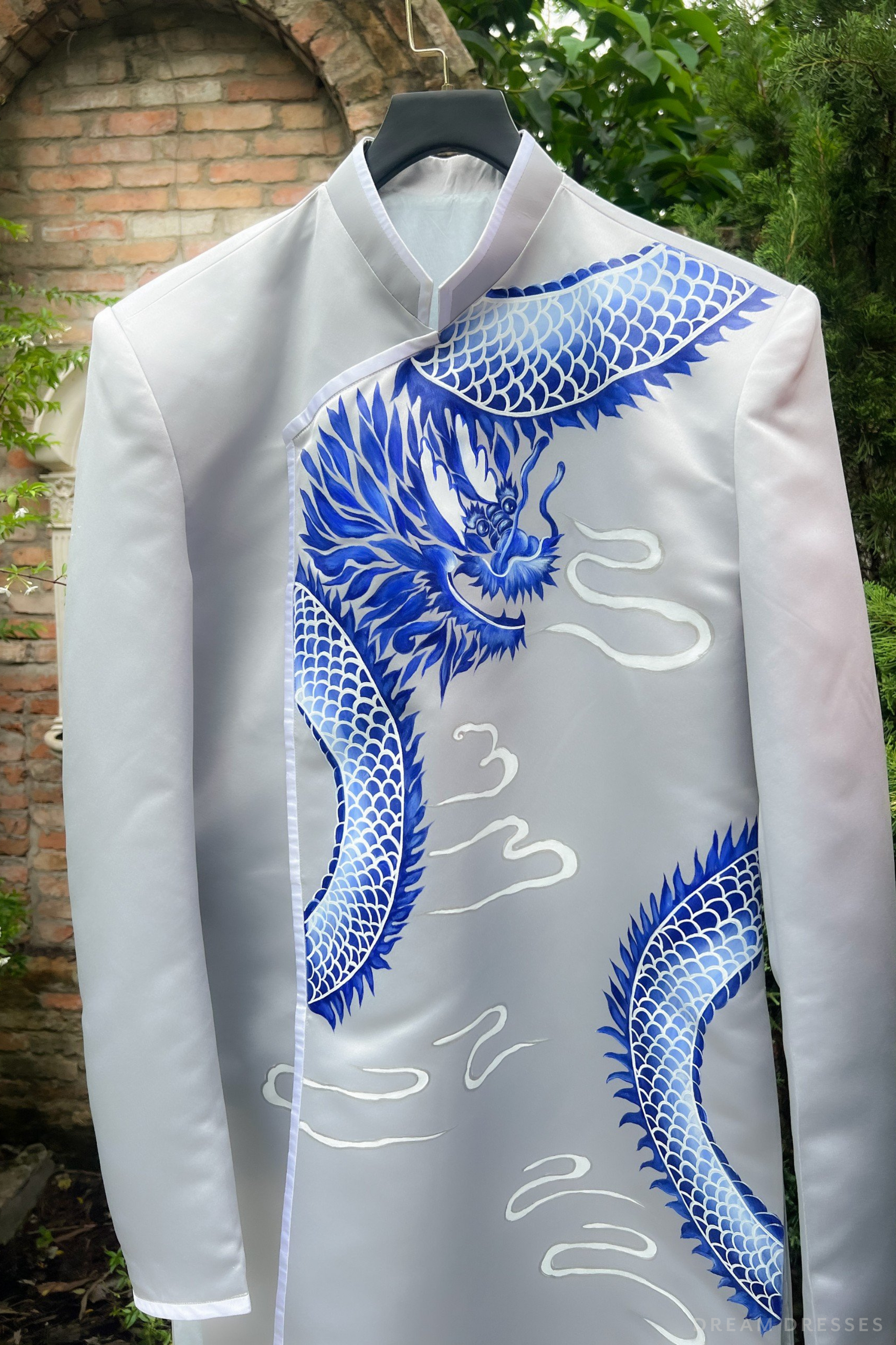 Gray and Blue Groom Ao Dai Jacket | Hand-Painted Dragon Vietnamese Ao Dai (#Khiem) - Dream Dresses by P.M.N.