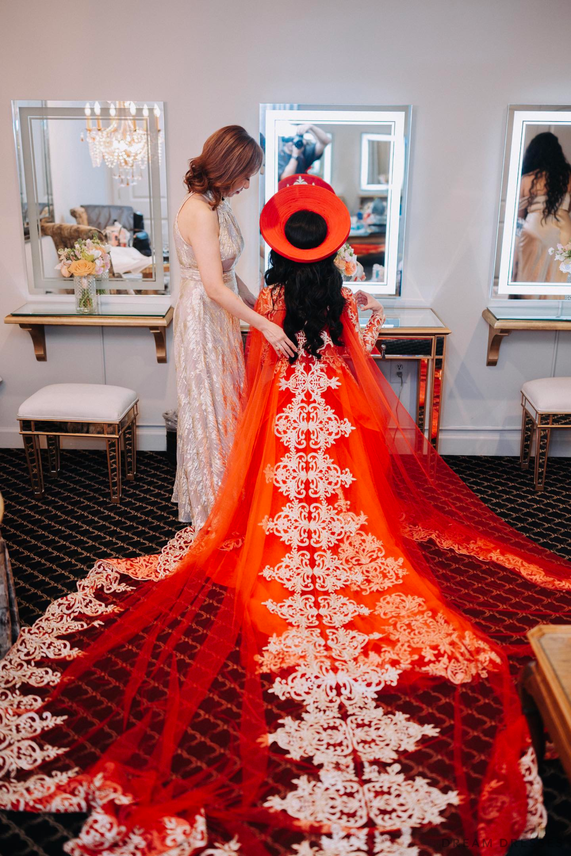 Red Ao Dai VietnameseTraditional Wedding Dress with Gold Embroidery and  Train 