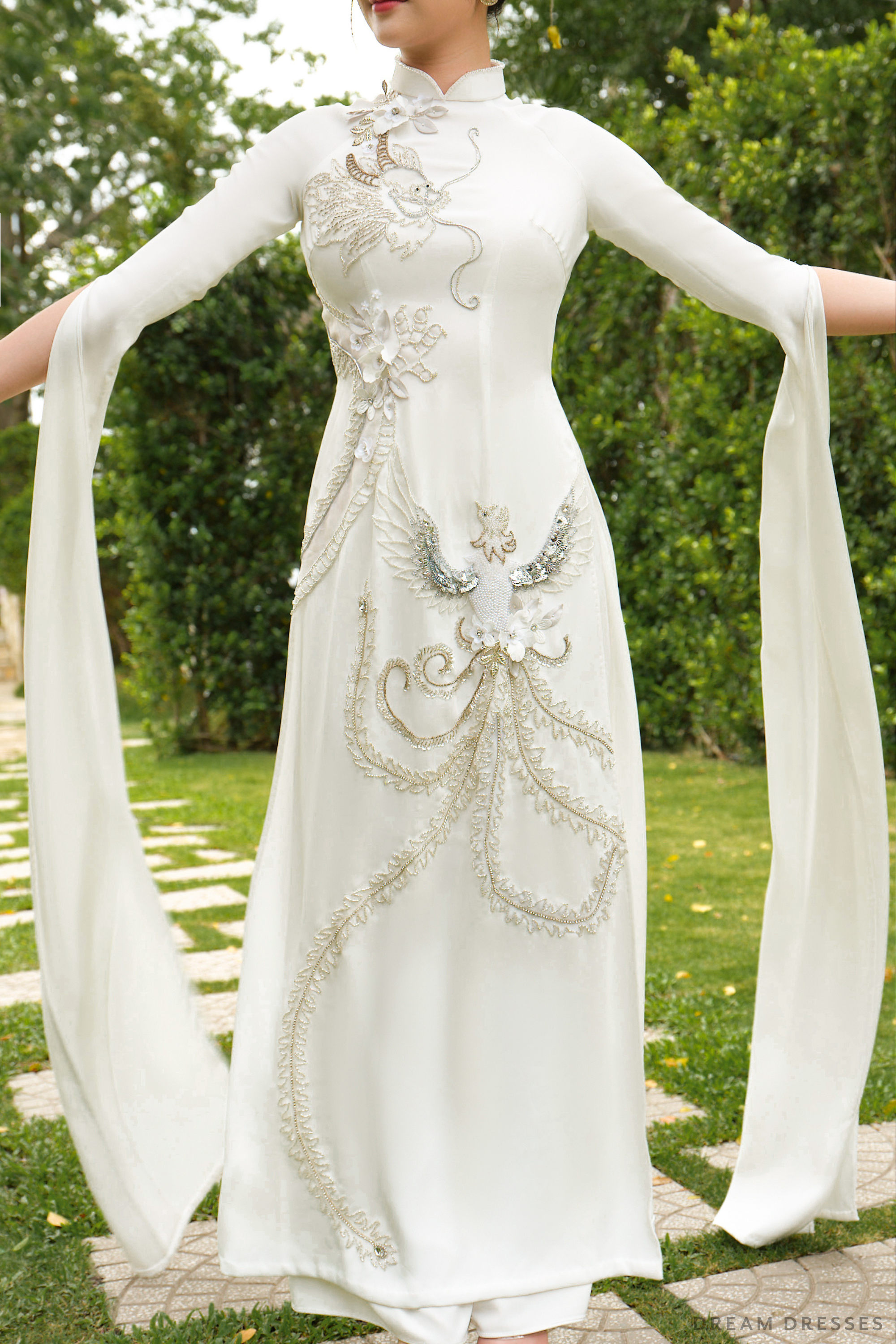 White Bridal Ao Dai | Modern Vietnamese Bridal Dress with Couture Lace (#CHARMY)