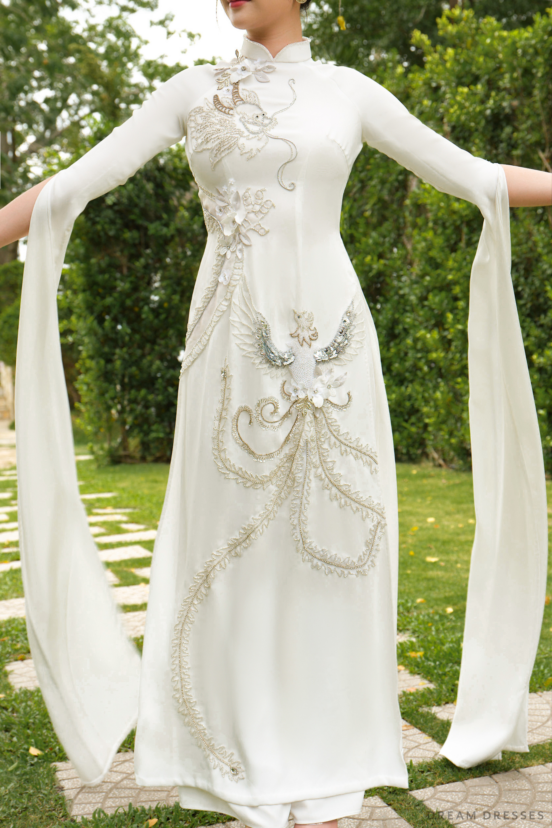 White Bridal Ao Dai | Modern Vietnamese Bridal Dress with Couture Lace (#CHARMY) - Dream Dresses by P.M.N.
