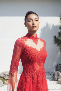 Red Bridal Ao Dai | Lace Vietnamese Bridal Dress (#HANLYN) - Dream Dresses by P.M.N.