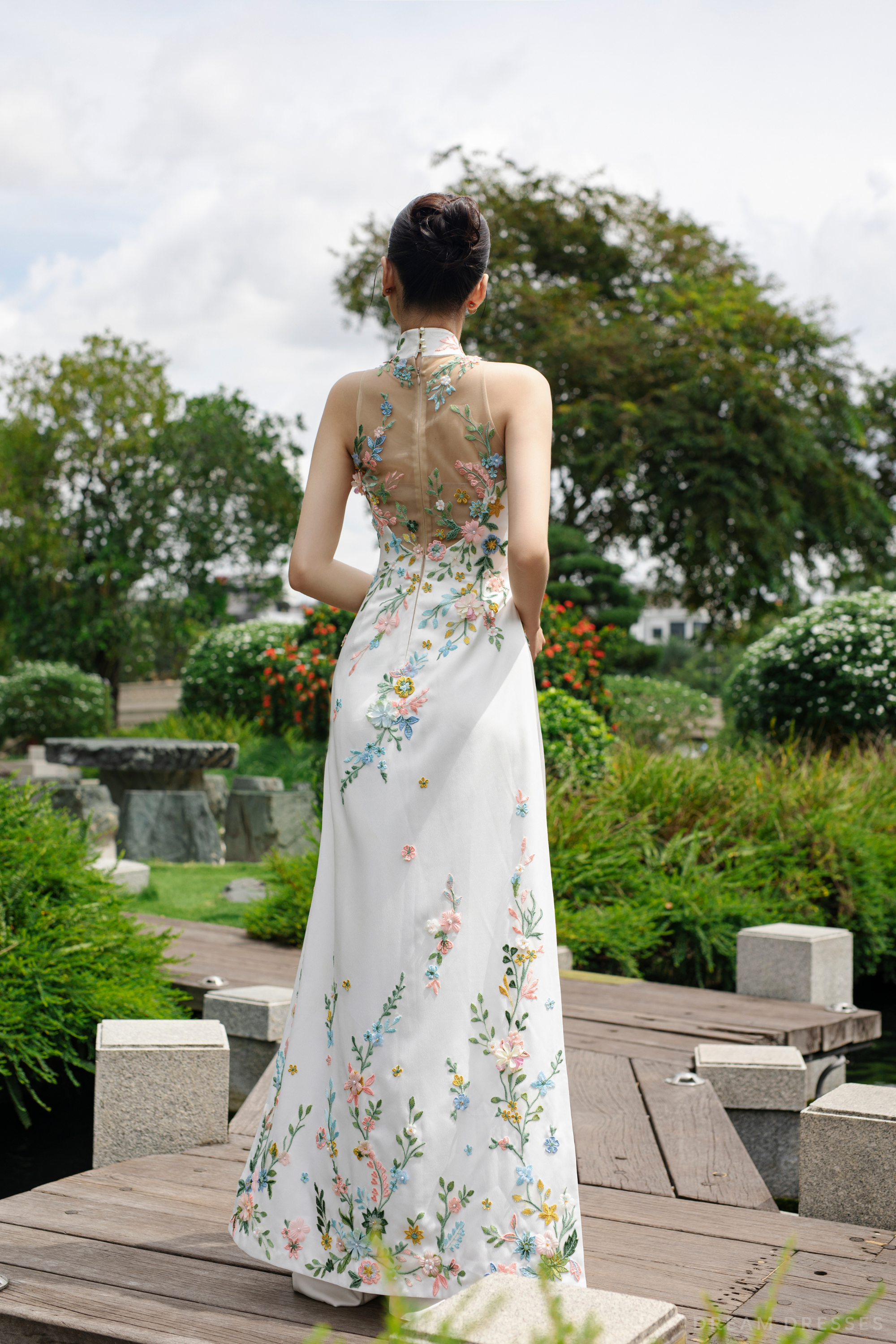 DreamDress By PMN Lieu Cheongsam Inspired Ao Dai Wedding Dress Gown Illusion Flowers Lace Dress Chapel Cape White Pants | Size: Custom | No Cape DreamDress By PMN Lieu Cheongsam Inspired Ao Dai Wedding Dress Gown Illusion Flowers Lace Dress Chapel Cape White Pants | Size: Custom | No Cape