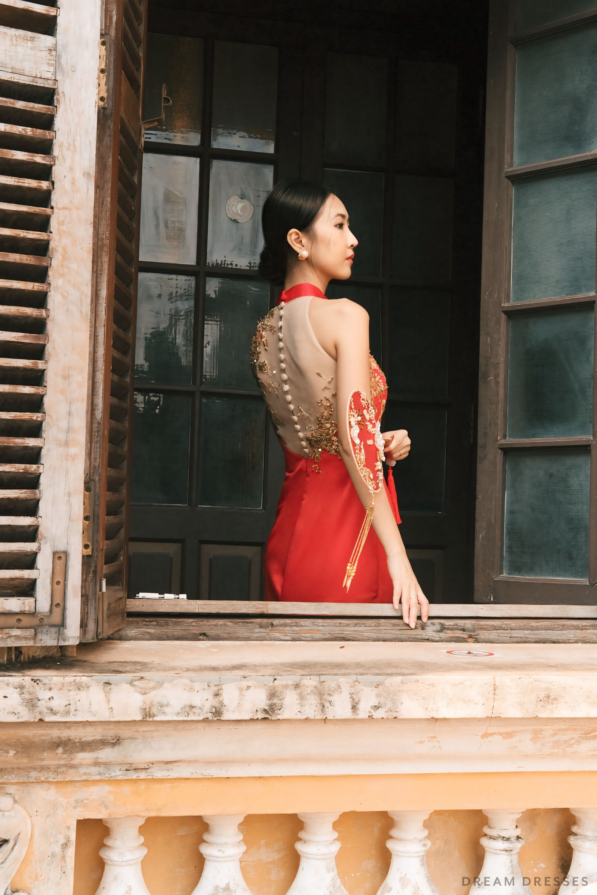 cheongsam red dress DreamDress By PMN Mae Chinese Cheongsam Inspired Wedding Dress Gown Cut-Out Neckline Illusion Back Golden Phoenix Lace Embellishments