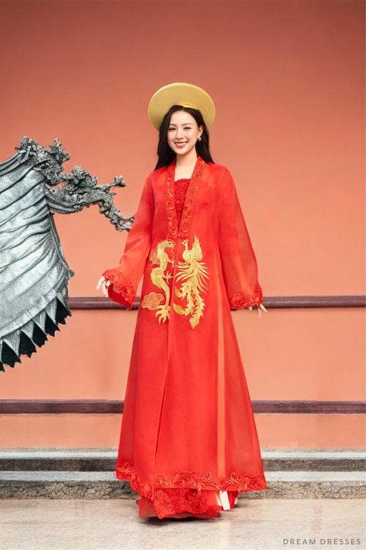 Red and Gold Ao Dai OverCoat | Traditional Vietnamese Bridal OverCoat  (#ANNA) - Dream Dresses by P.M.N.