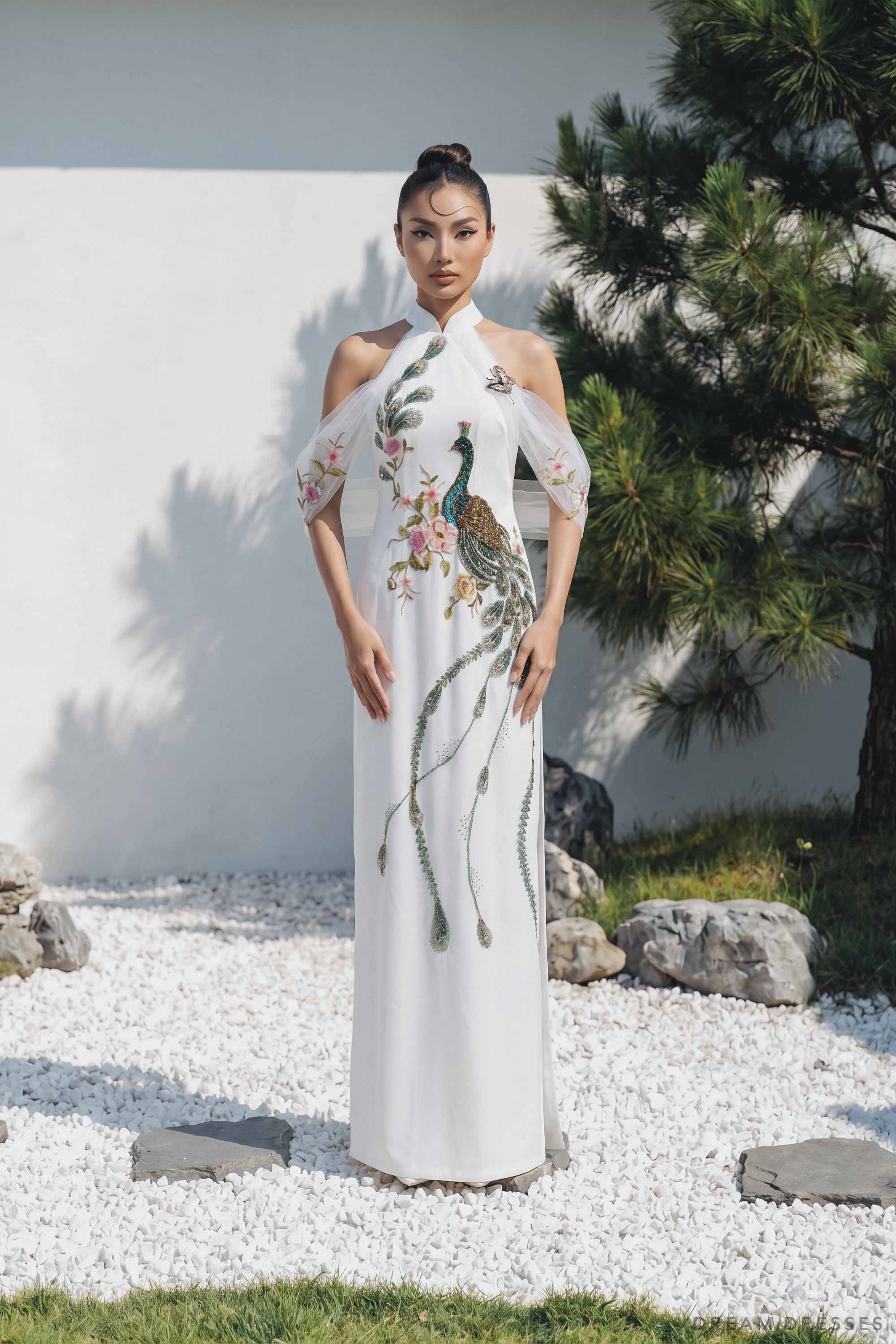 White Bridal Ao Dai with Peacock Embellishments | Modern Vietnamese Bridal Dress (#AILA)