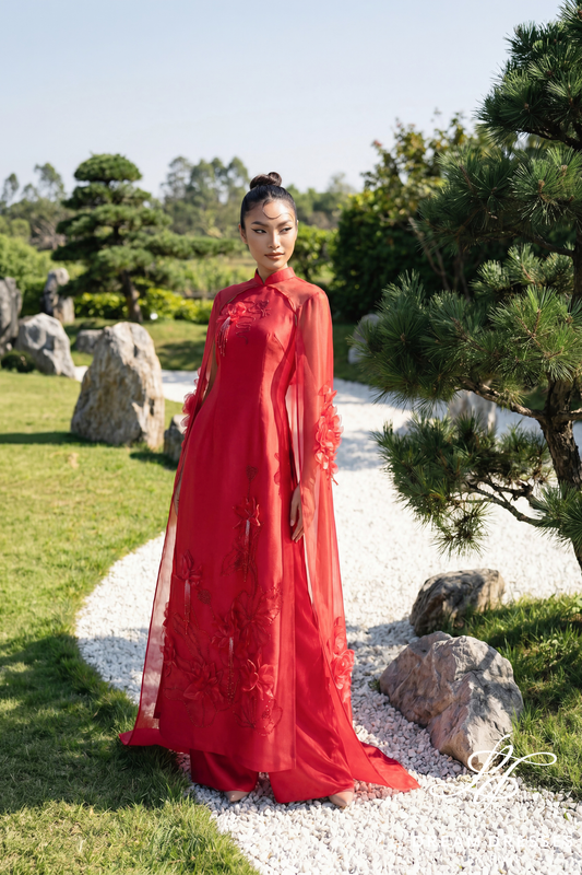 Red Bridal Ao Dai with High Fashion Sleeves (#LOAN) - Dream Dresses by P.M.N.