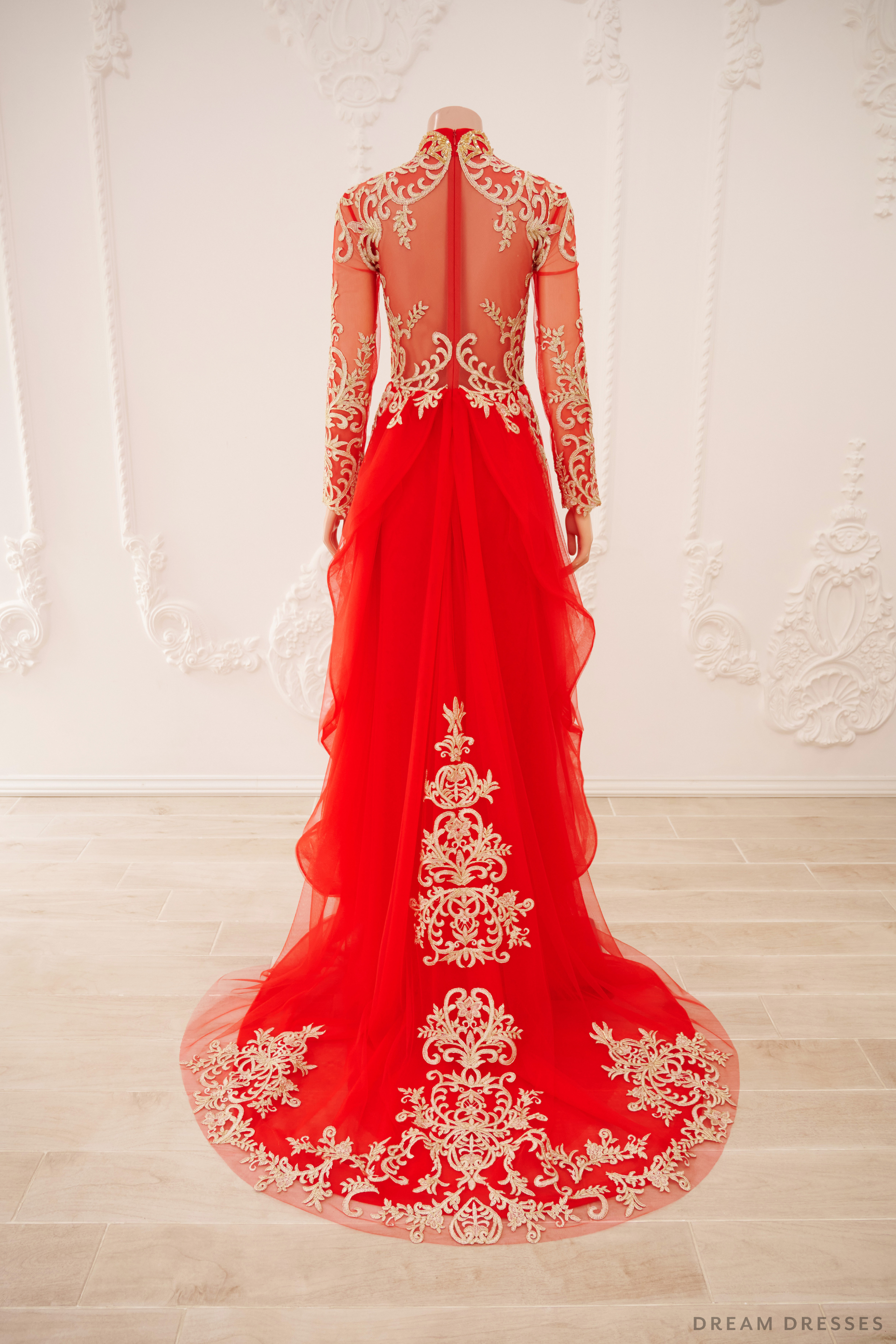 Red Bridal Ao Dai | Vietnamese Traditional Bridal Dress with Gold Lace (#GIATUE) - Dream Dresses by P.M.N.