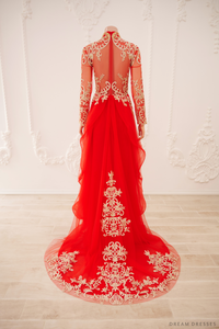 Red Bridal Ao Dai | Vietnamese Traditional Bridal Dress with Gold Lace (#GIATUE) - Dream Dresses by P.M.N.