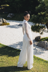 White Bridal Ao Dai | Vietnamese Traditional Bridal Dress with Couture Lace (#DYNASTY) - Dream Dresses by P.M.N.
