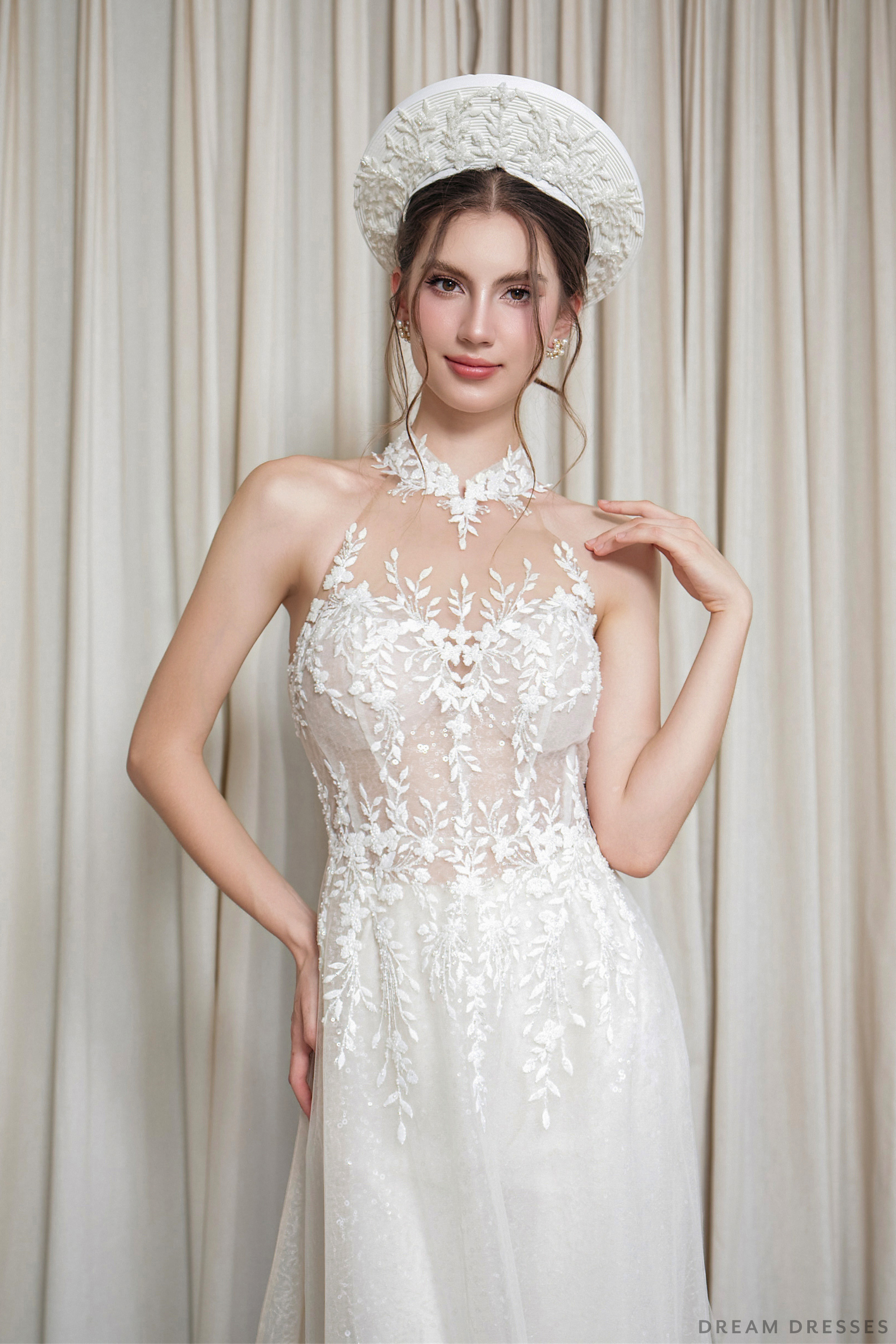 White Bridal Ao Dai | Vietnamese Modern Bridal Dress (#ALINE)