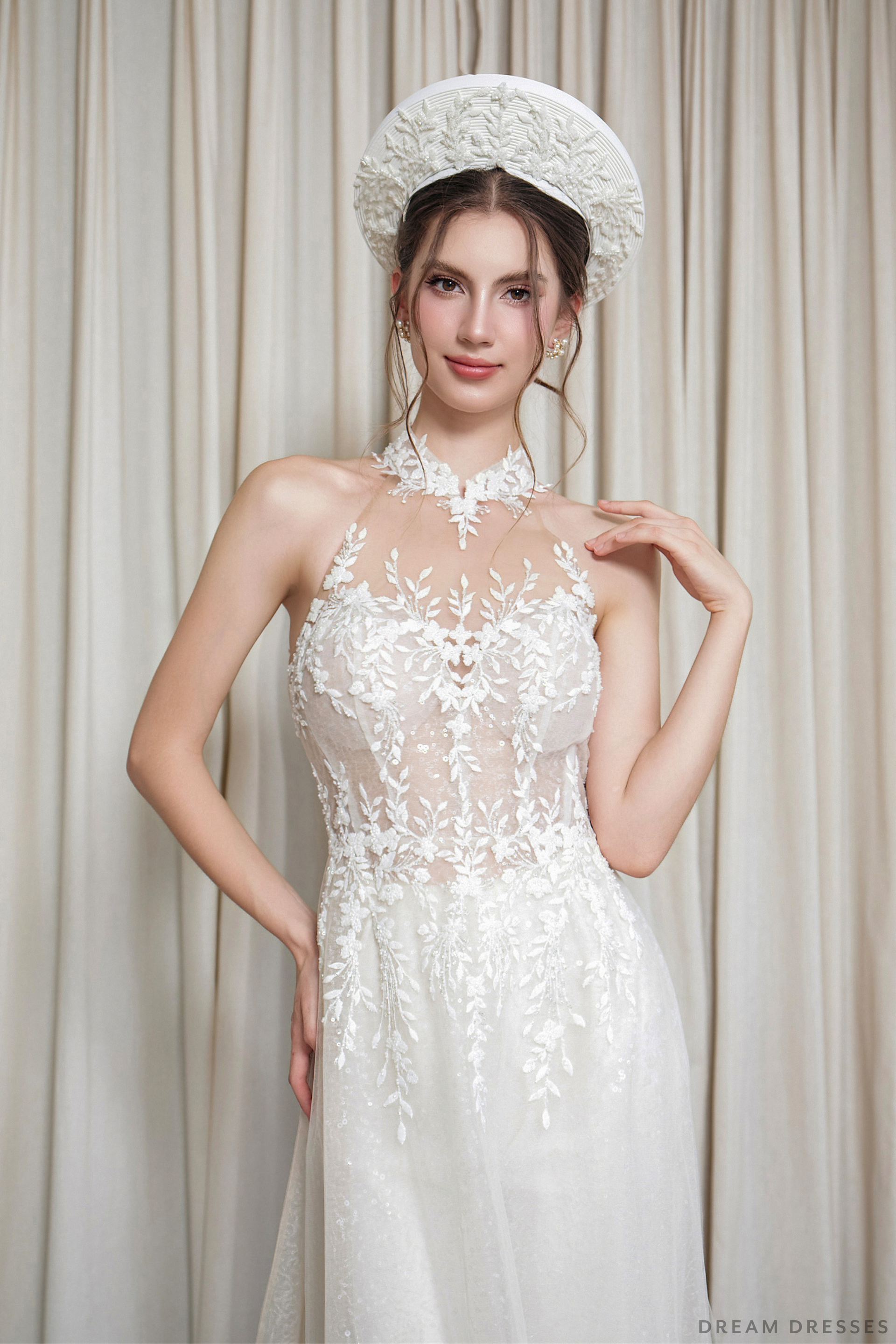 White Bridal Ao Dai | Vietnamese Modern Bridal Dress (#ALINE) - Dream Dresses by P.M.N.