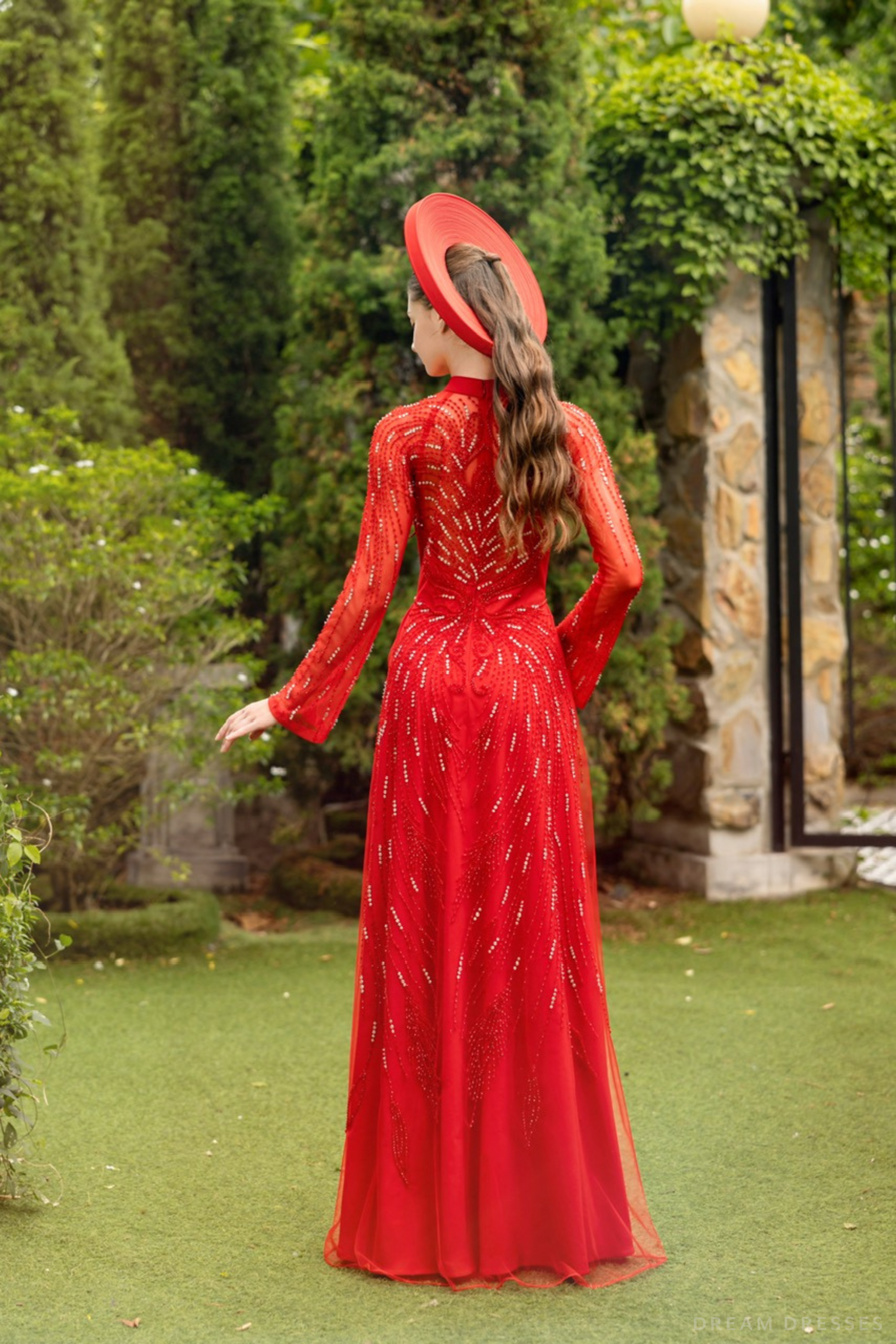 Red Bridal Ao Dai | Modern Vietnamese Bridal Dress with Phoenix Embroidery (#ANGELA) - Dream Dresses by P.M.N.