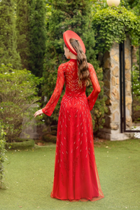 Red Bridal Ao Dai | Modern Vietnamese Bridal Dress with Phoenix Embroidery (#ANGELA) - Dream Dresses by P.M.N.