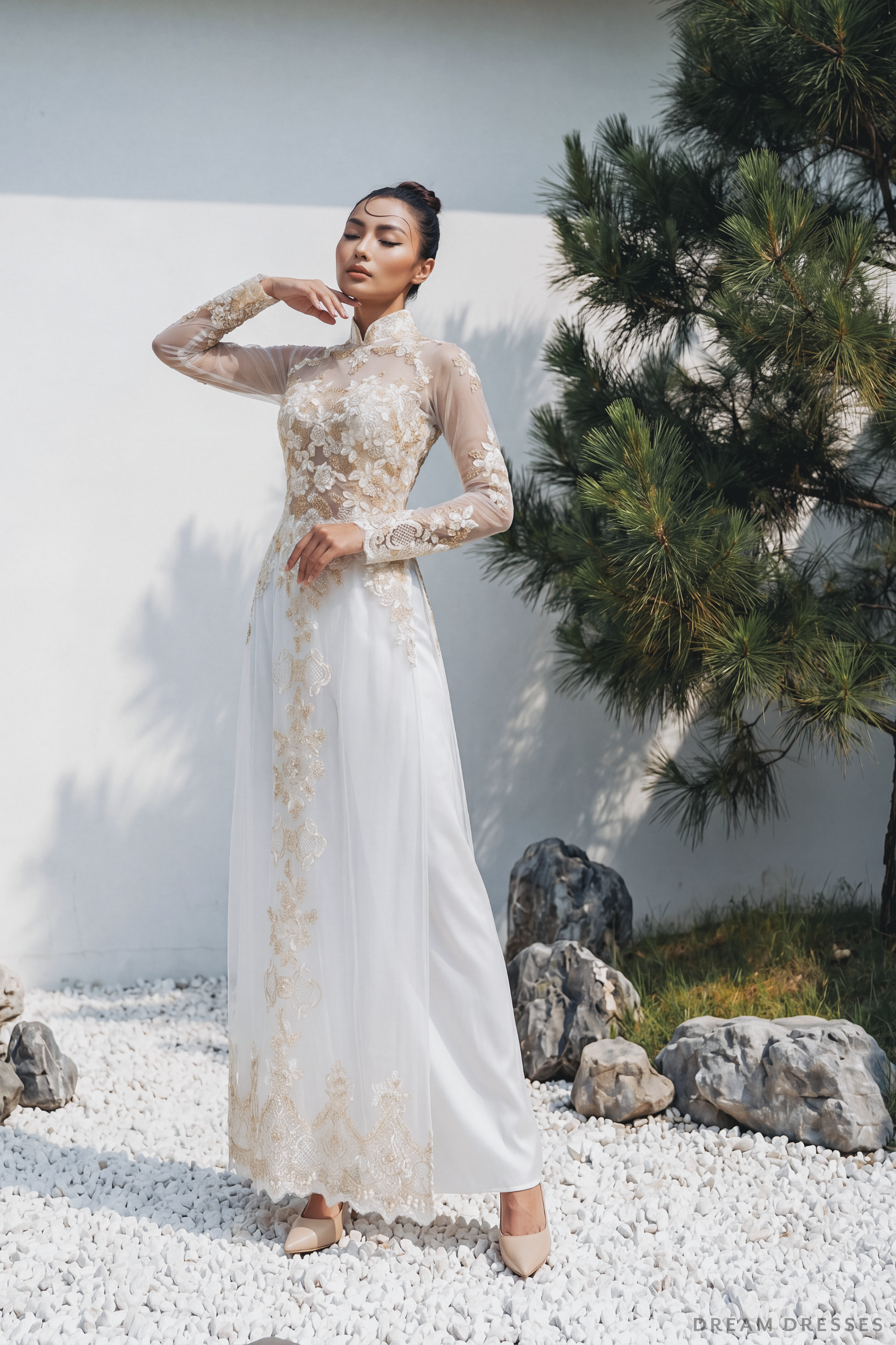 White Bridal Ao Dai with Gold Lace | Modern Vietnamese Bridal Dress (#IVY)