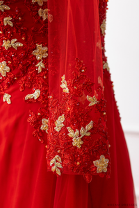 Red Bridal Ao Dai with Red and Gold Lace | Vietnamese Bridal Dress (#AMEE) - Dream Dresses by P.M.N.