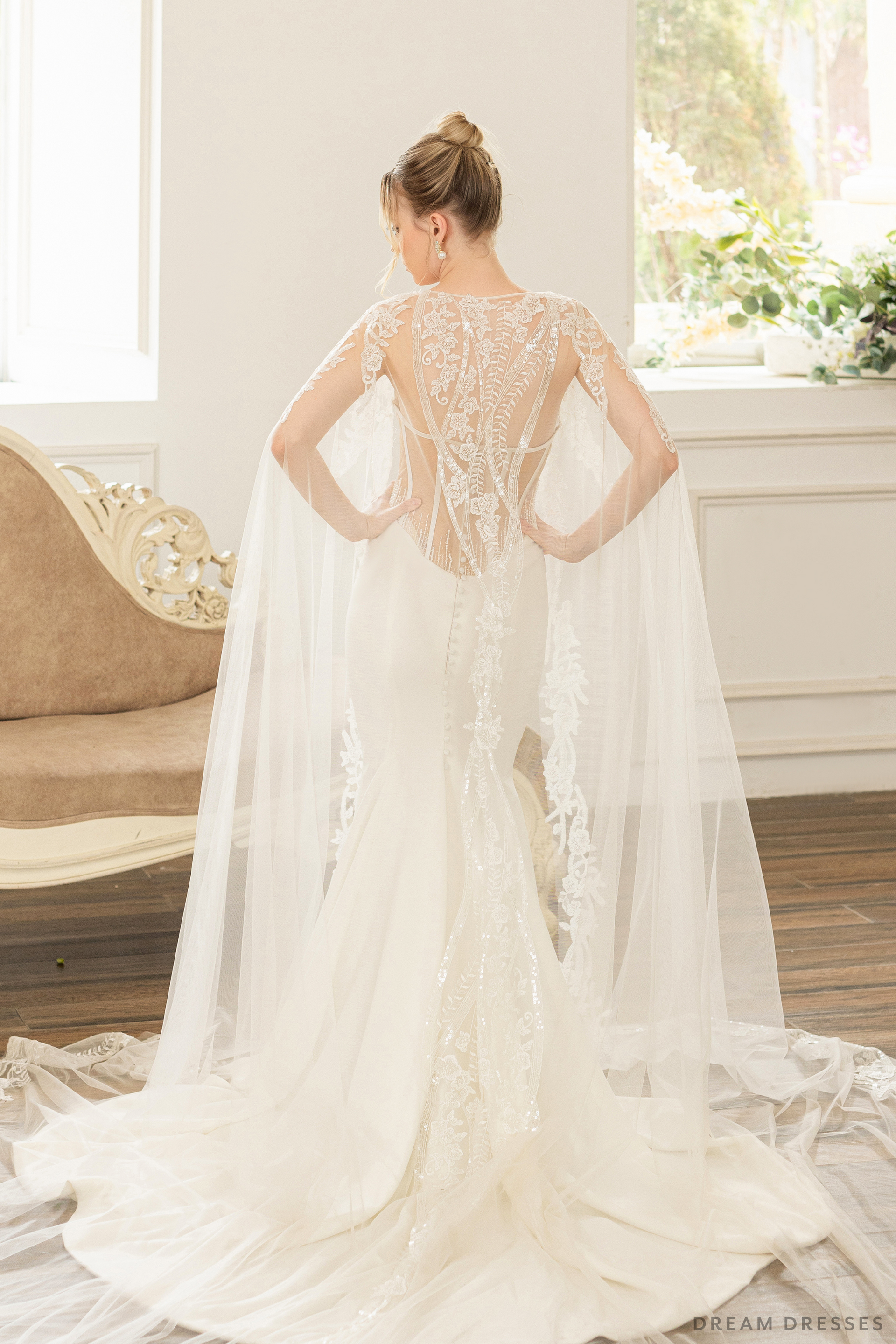 Bridal Cape with Floral Lace (#AXELLE) - Dream Dresses by P.M.N.