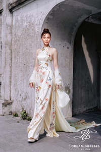 Cream Ivory Ao Dai with Bow Cape (#VAN) - Dream Dresses by P.M.N.
