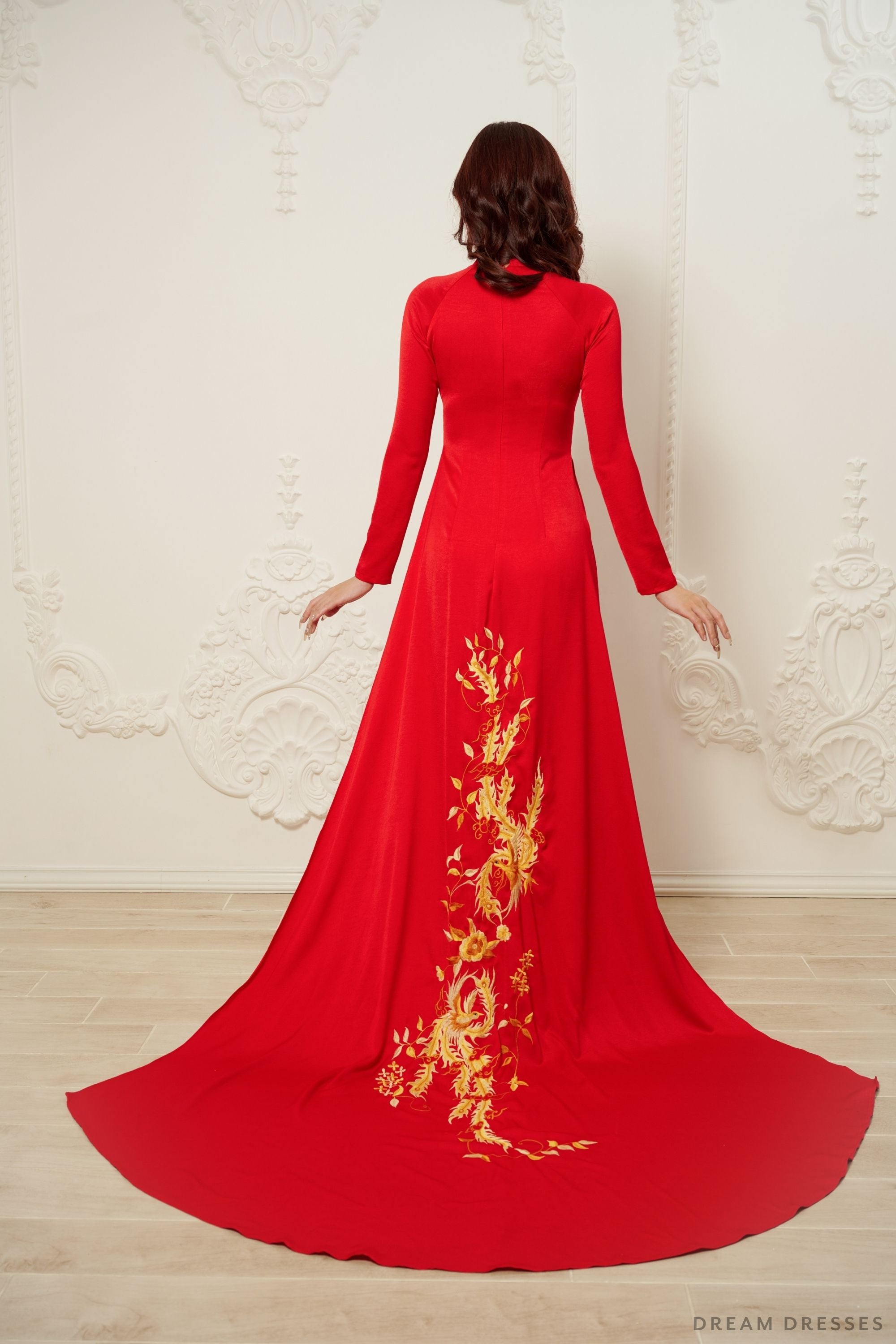 Red Bridal Ao Dai | Vietnamese Traditional Bridal Dress with Phoenix Embroidery (#PING)