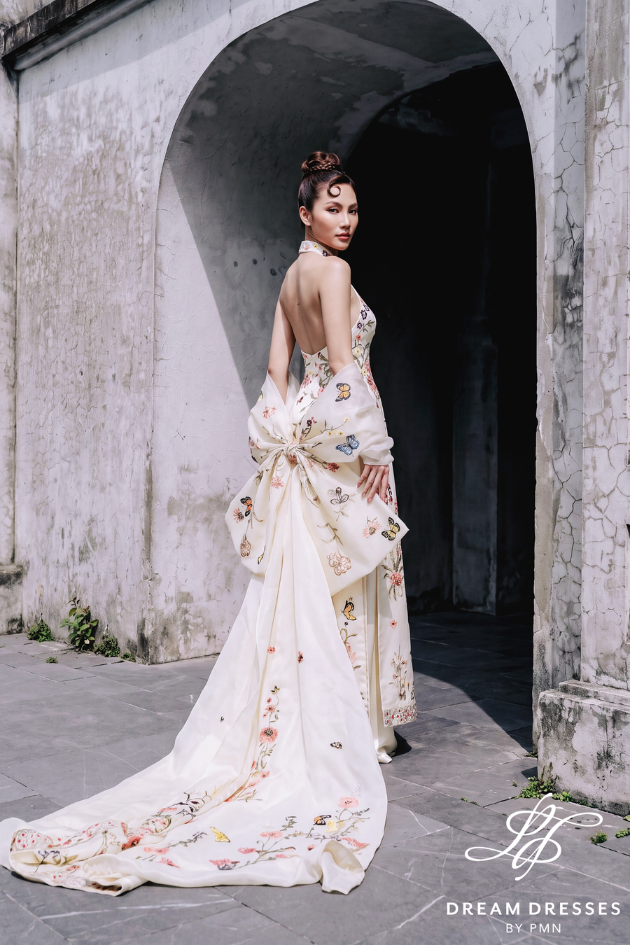 Cream Ivory Ao Dai with Bow Cape (#VAN) - Dream Dresses by P.M.N.