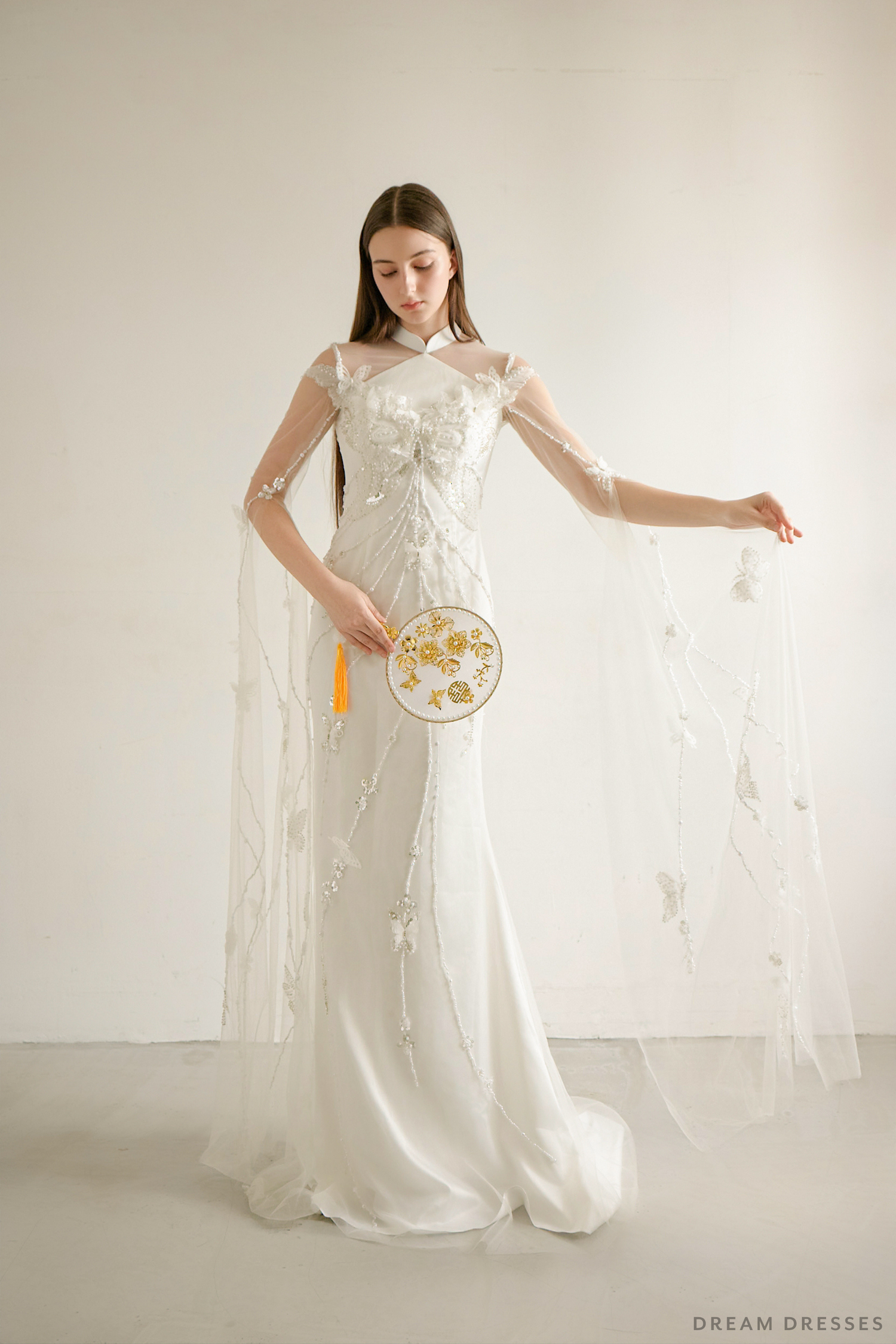 DreamDress By PMN Lalan Cheongsam Mermaid Trumpet Wedding Dress Gown White Illusion Sheer Back With Slits Hand-Applied Embellishments