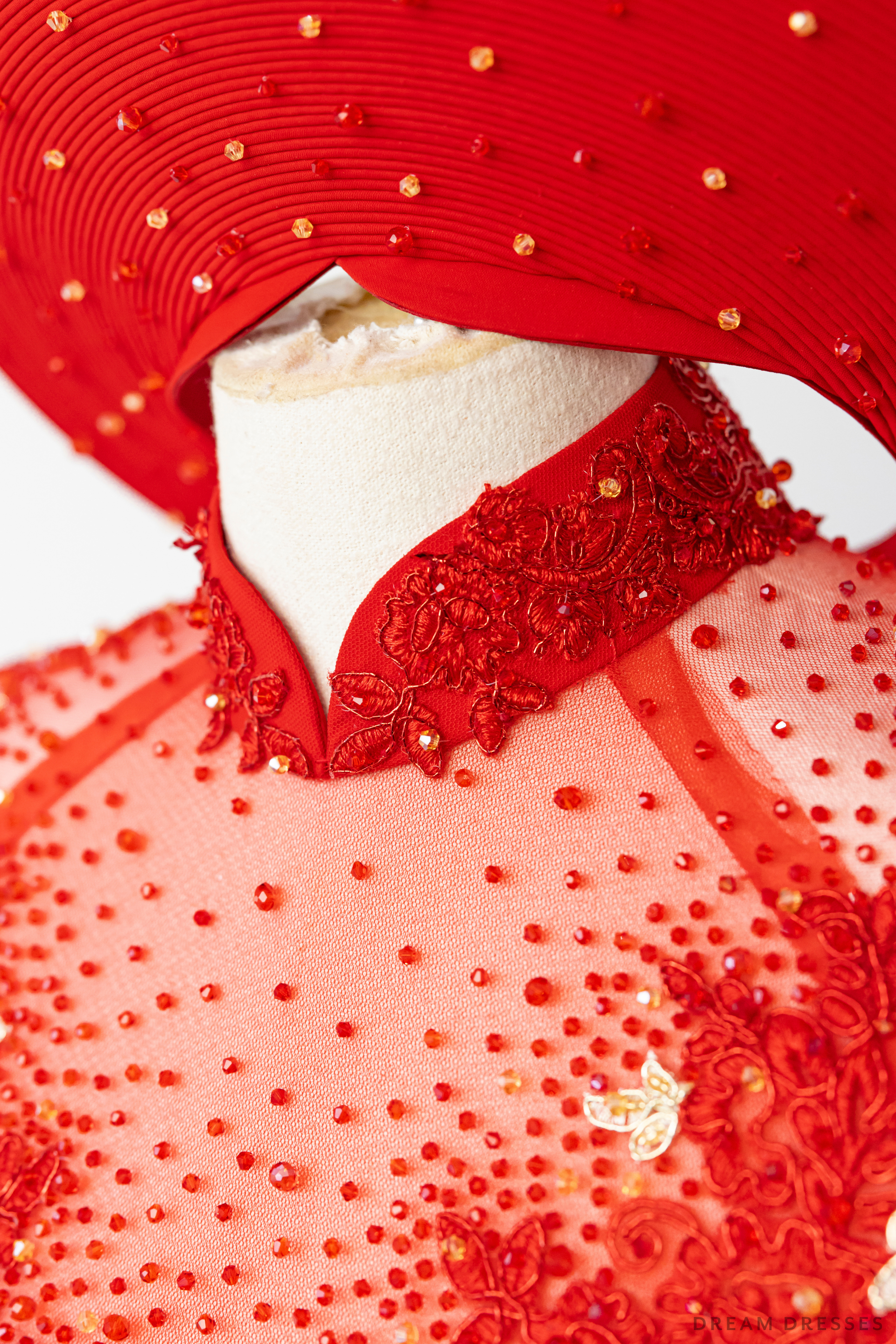 Red Bridal Ao Dai with Red and Gold Lace | Vietnamese Bridal Dress (#AMEE) - Dream Dresses by P.M.N.