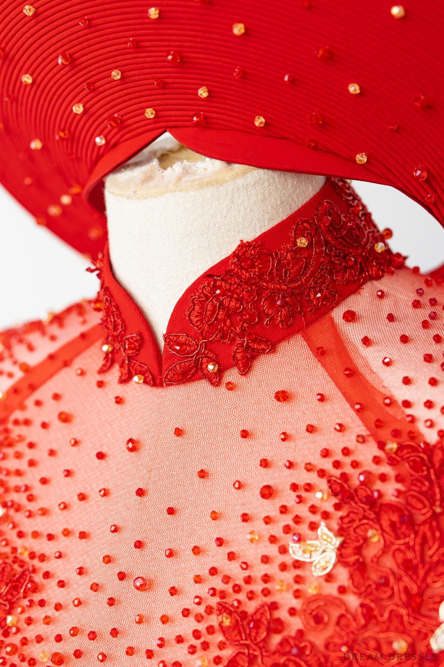 Red Bridal Ao Dai with Red and Gold Lace | Vietnamese Bridal Dress (#AMEE) - Dream Dresses by P.M.N.