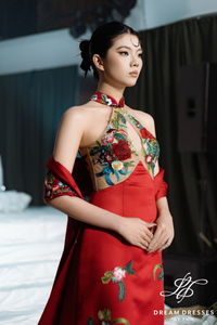 Red A-line Wedding Dress with Colorful Floral Embroidery (#YUYAN)